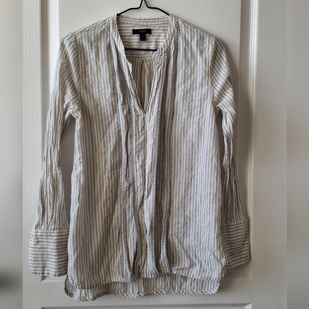 J. CREW Women 2 Long Sleeves Striped Pintuck‎ Cotton Tunic Blouse Casual Coastal